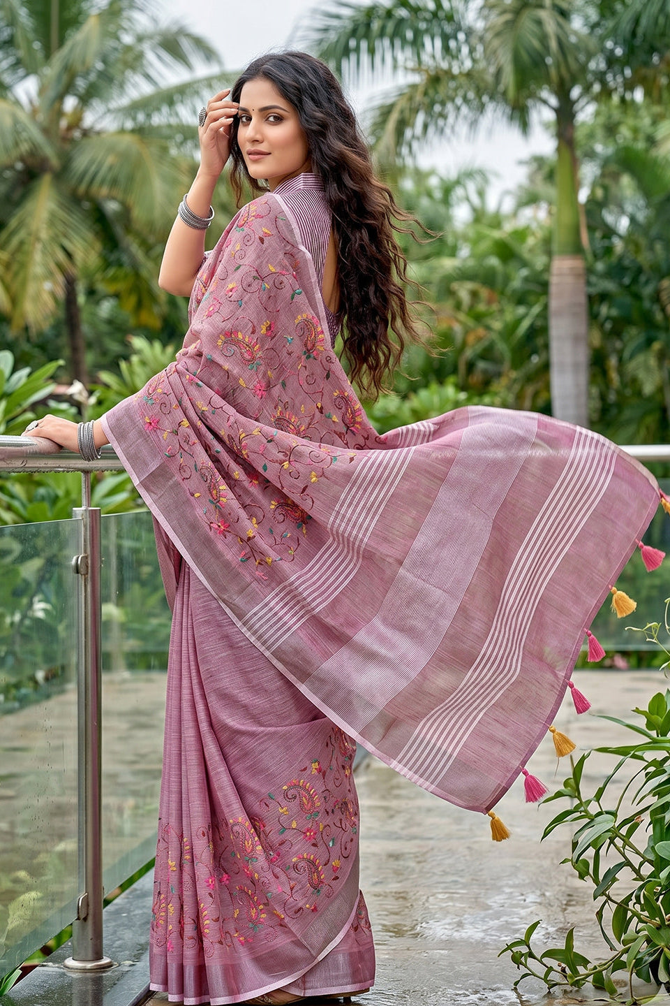 Onion Pink Mauve Linen Cotton Saree with Floral Embroidery Work