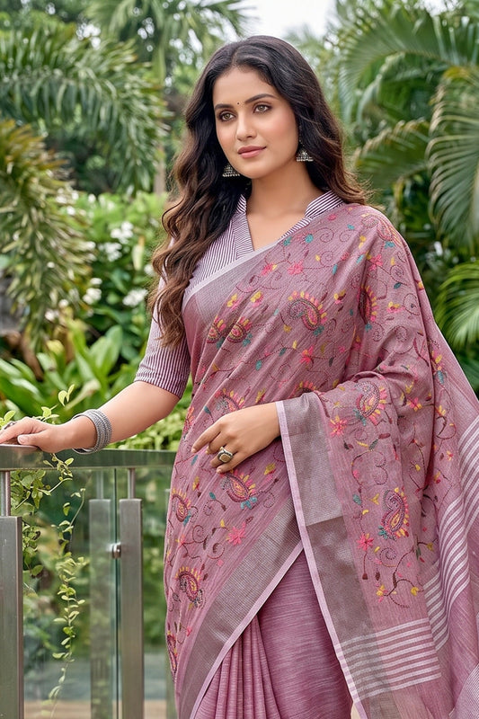 Onion Pink Mauve Linen Cotton Saree with Floral Embroidery Work