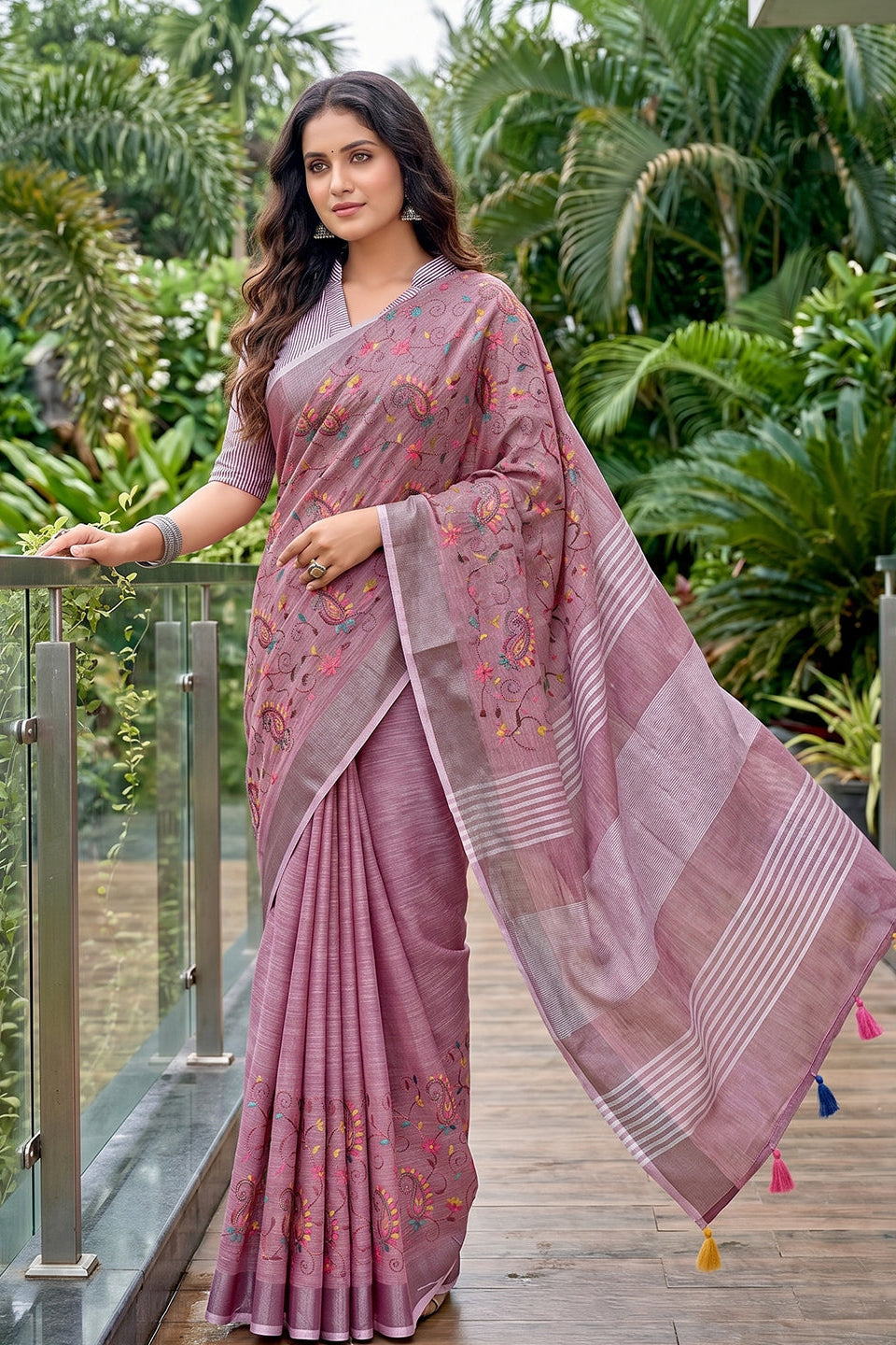 Onion Pink Mauve Linen Cotton Saree with Floral Embroidery Work