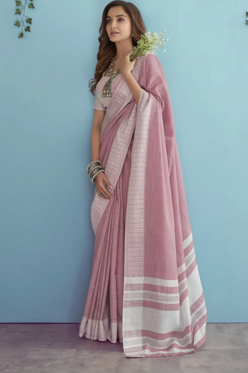 Onion Pink Soft Linen Silk Saree with Chikankari Border