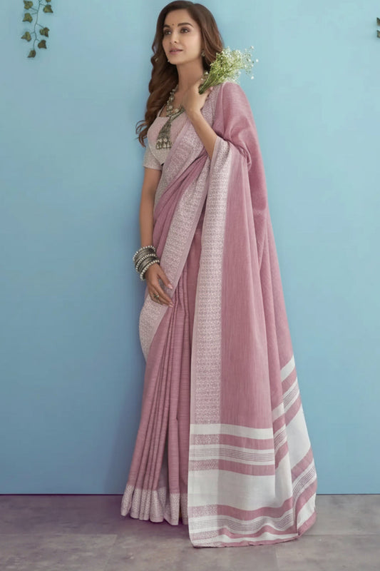 Onion Pink Soft Linen Silk Saree with Chikankari Border