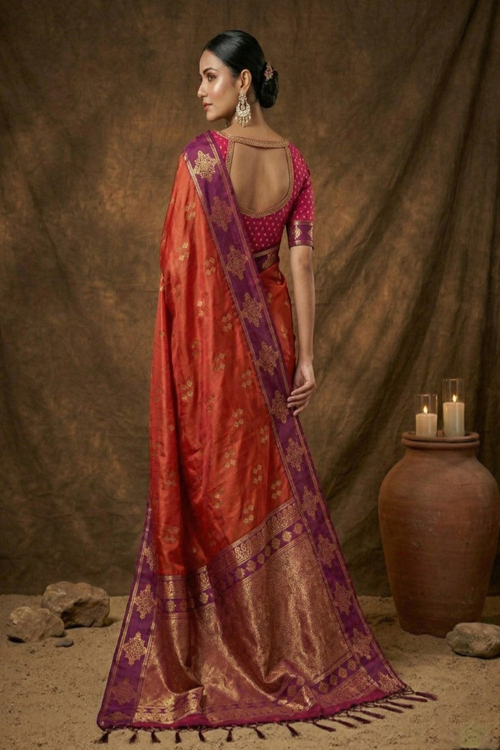 Orange Silk Saree with Pink Zari Border & Rich Pallu