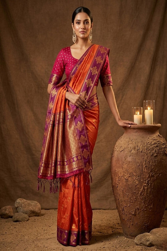 Orange Silk Saree with Pink Zari Border & Rich Pallu