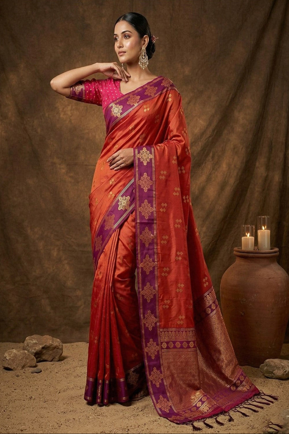 Orange Silk Saree with Pink Zari Border & Rich Pallu