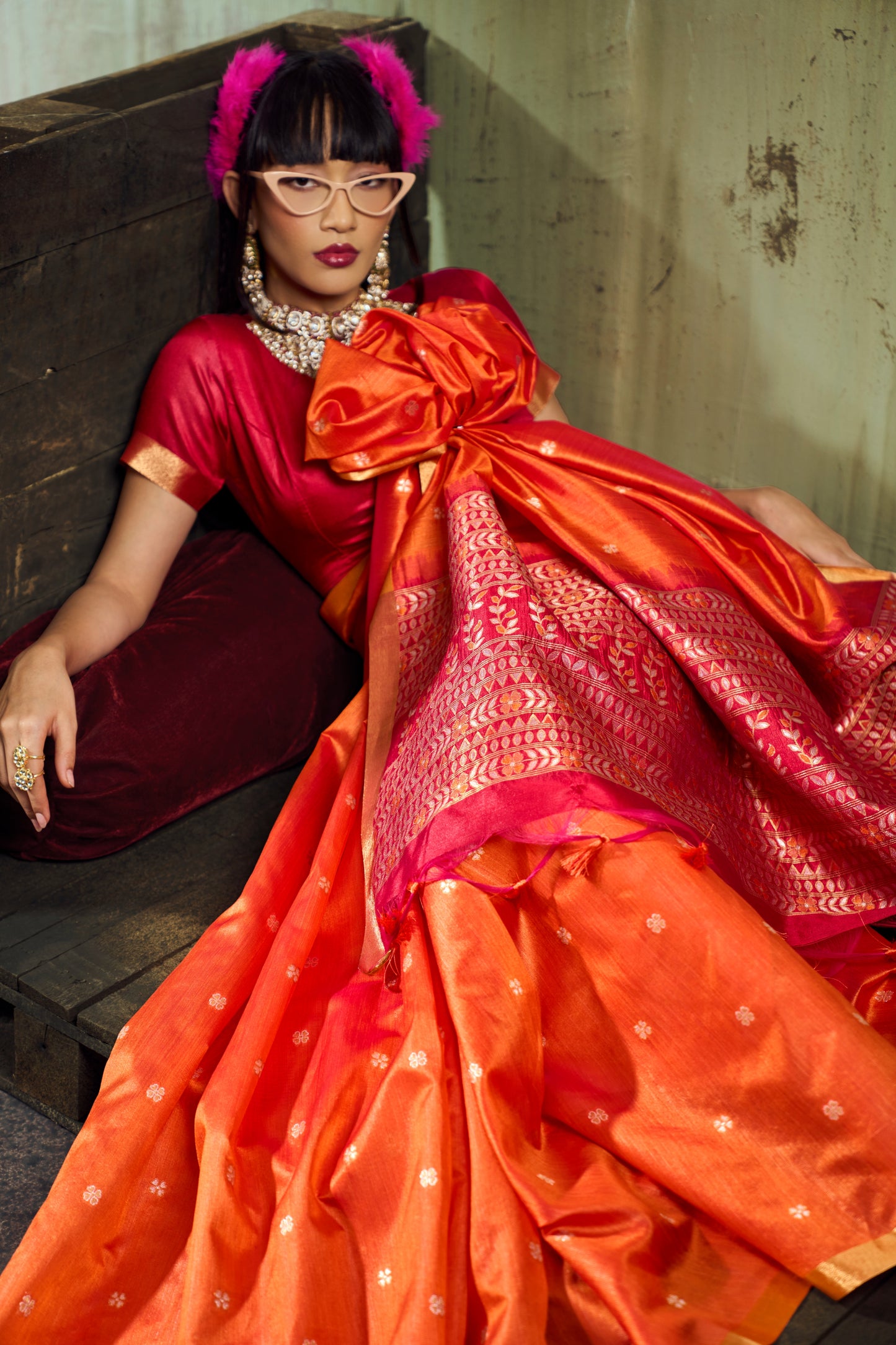 Orange Soft Silk Saree for Women with Golden Zari Border