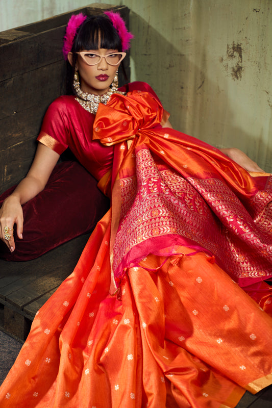Orange Soft Silk Saree for Women with Golden Zari Border