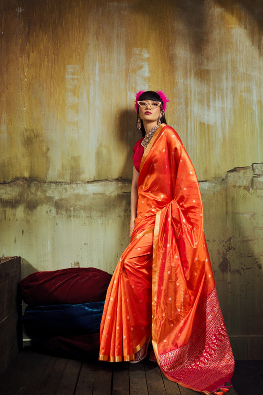 Orange Soft Silk Saree for Women with Golden Zari Border