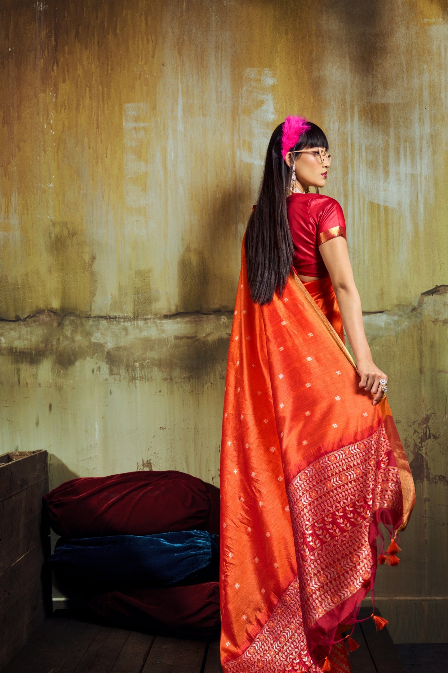 Orange Soft Silk Saree for Women with Golden Zari Border