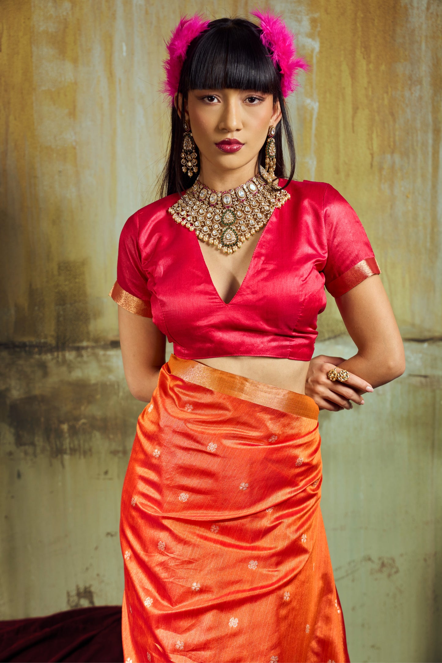 Orange Soft Silk Saree for Women with Golden Zari Border