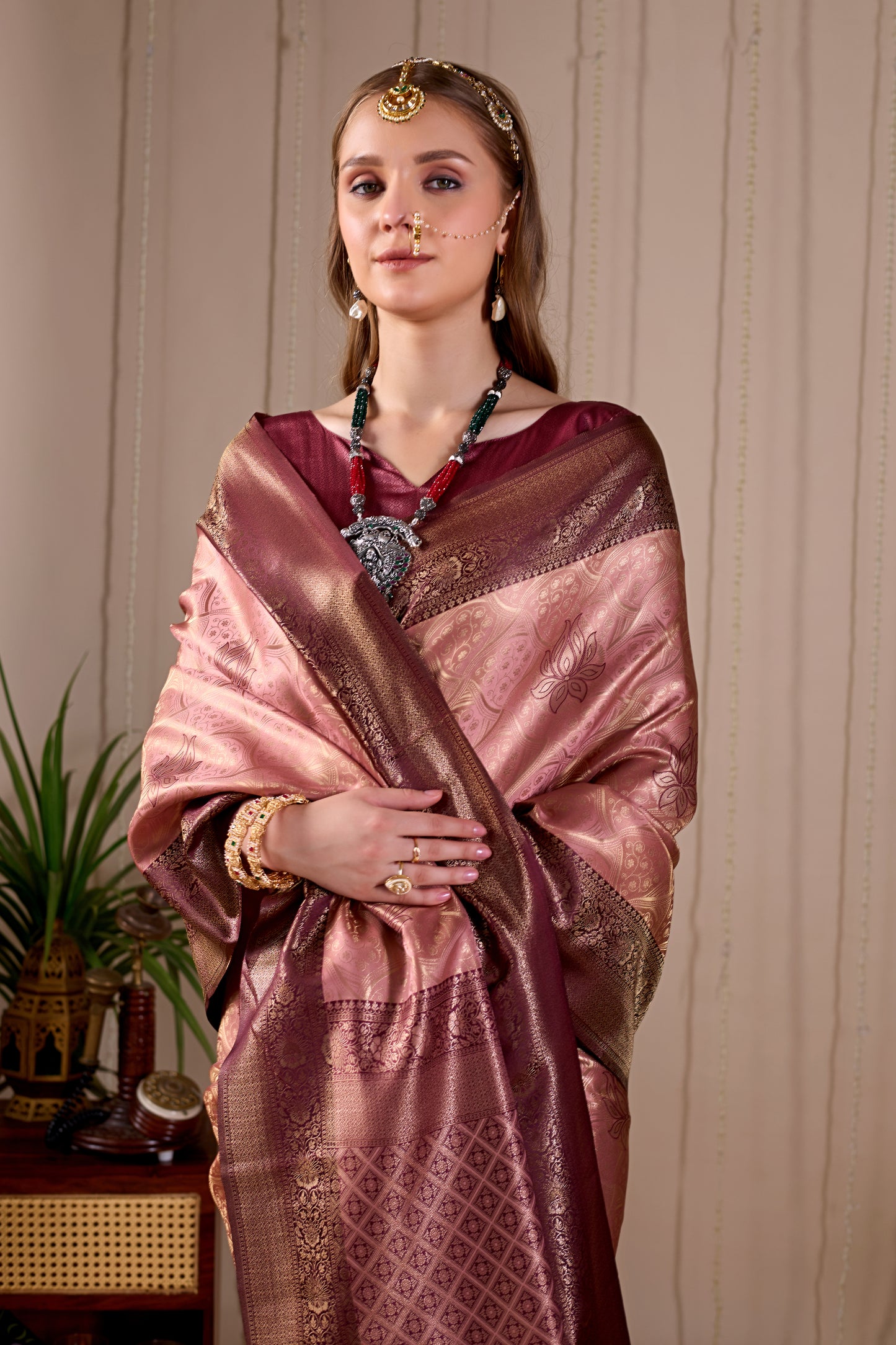 Peach Pink Banarasi Kanjivaram Silk Saree with Rich Wine Zari Work