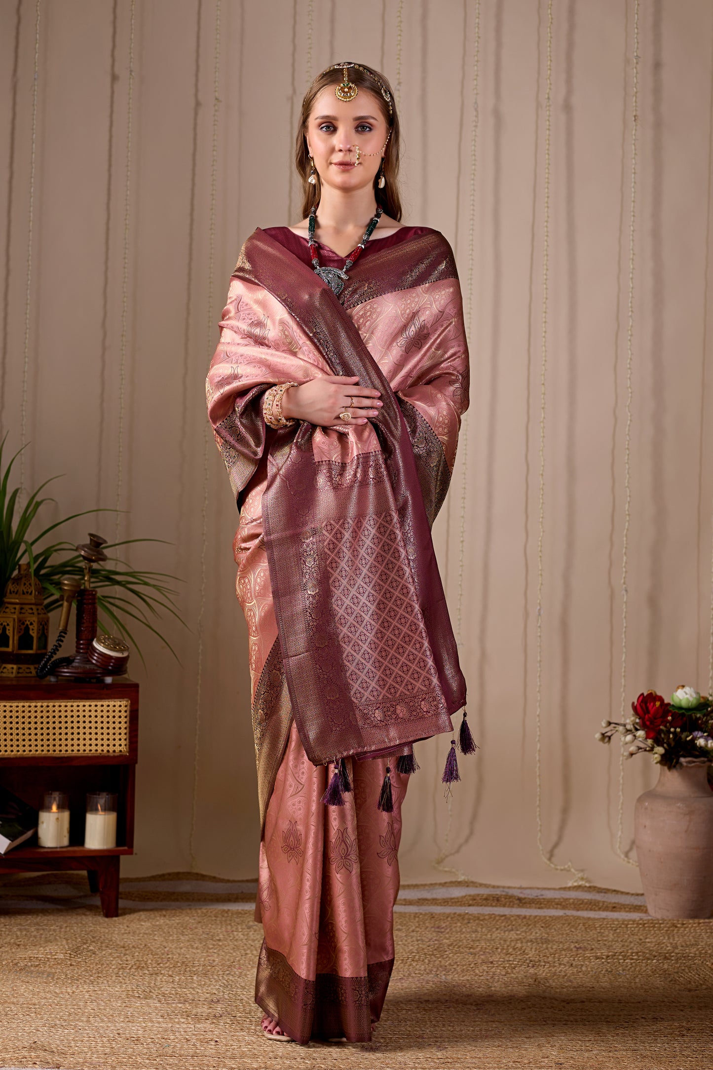 Peach Pink Banarasi Kanjivaram Silk Saree with Rich Wine Zari Work