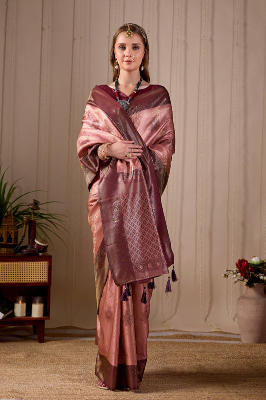 Peach Pink Banarasi Kanjivaram Silk Saree with Rich Wine Zari Work