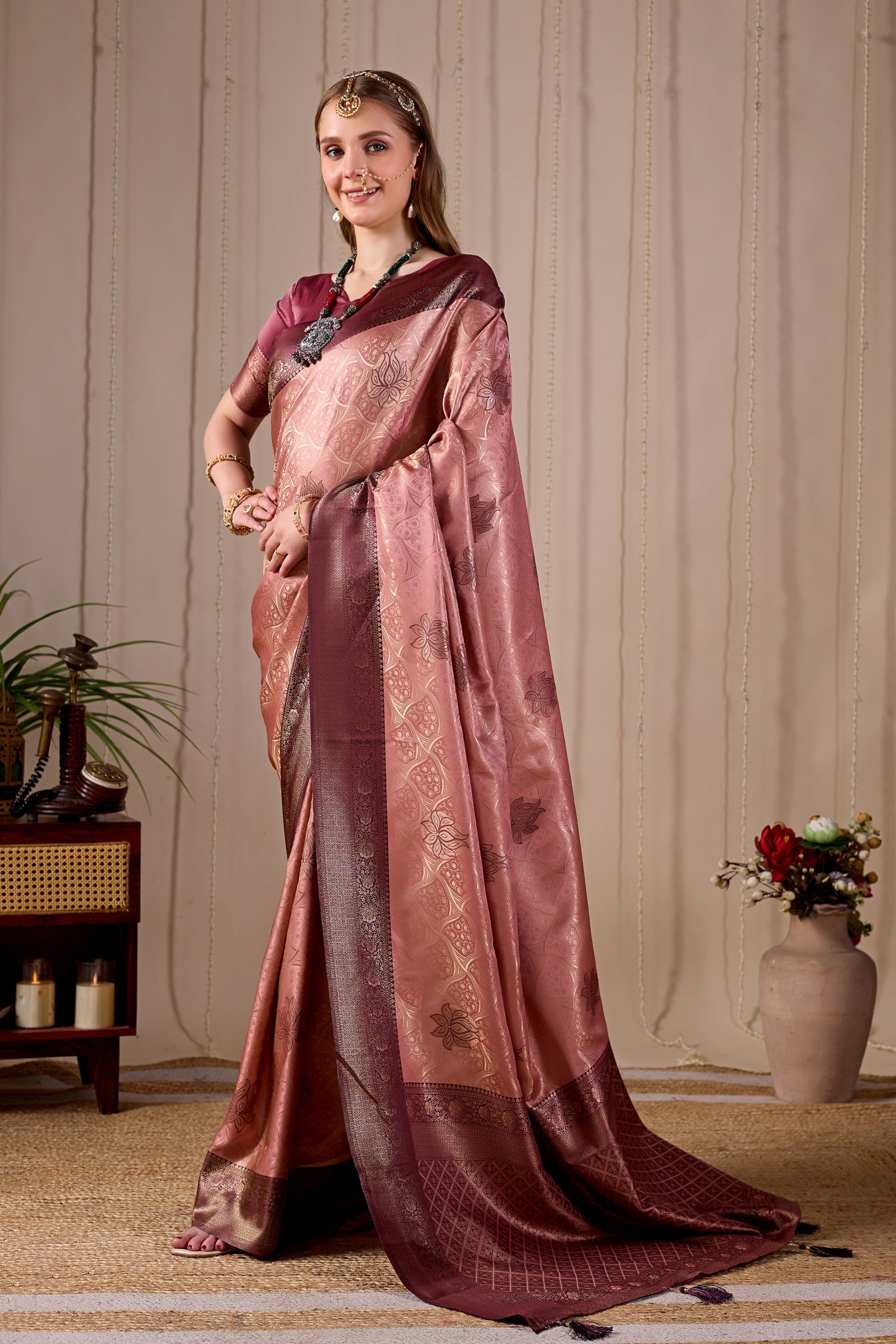 Peach Pink Banarasi Kanjivaram Silk Saree with Rich Wine Zari Work