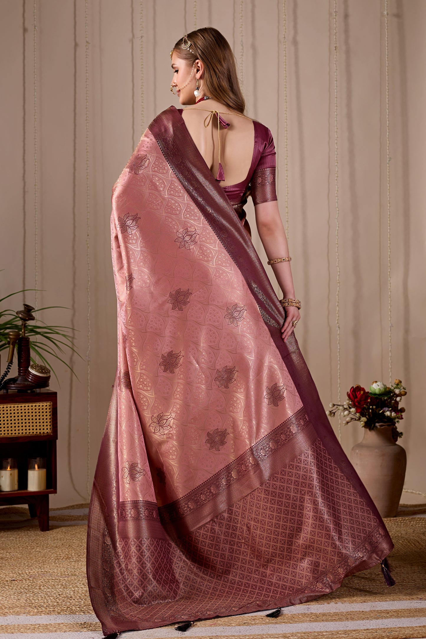 Peach Pink Banarasi Kanjivaram Silk Saree with Rich Wine Zari Work