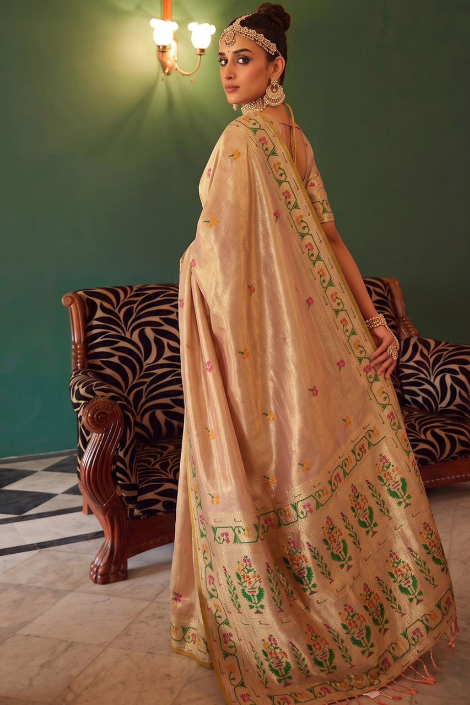 Peach Beige Chanderi Organza Saree with Minakari Zari Border