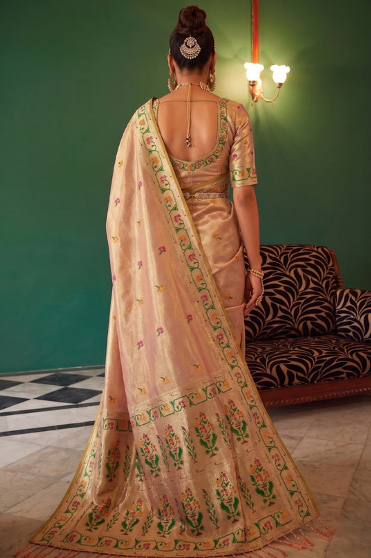 Peach Beige Chanderi Organza Saree with Minakari Zari Border