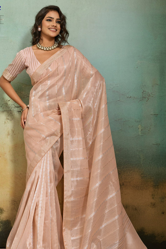 Peach Beige Organza Silk Saree with Subtle Zari Stripes
