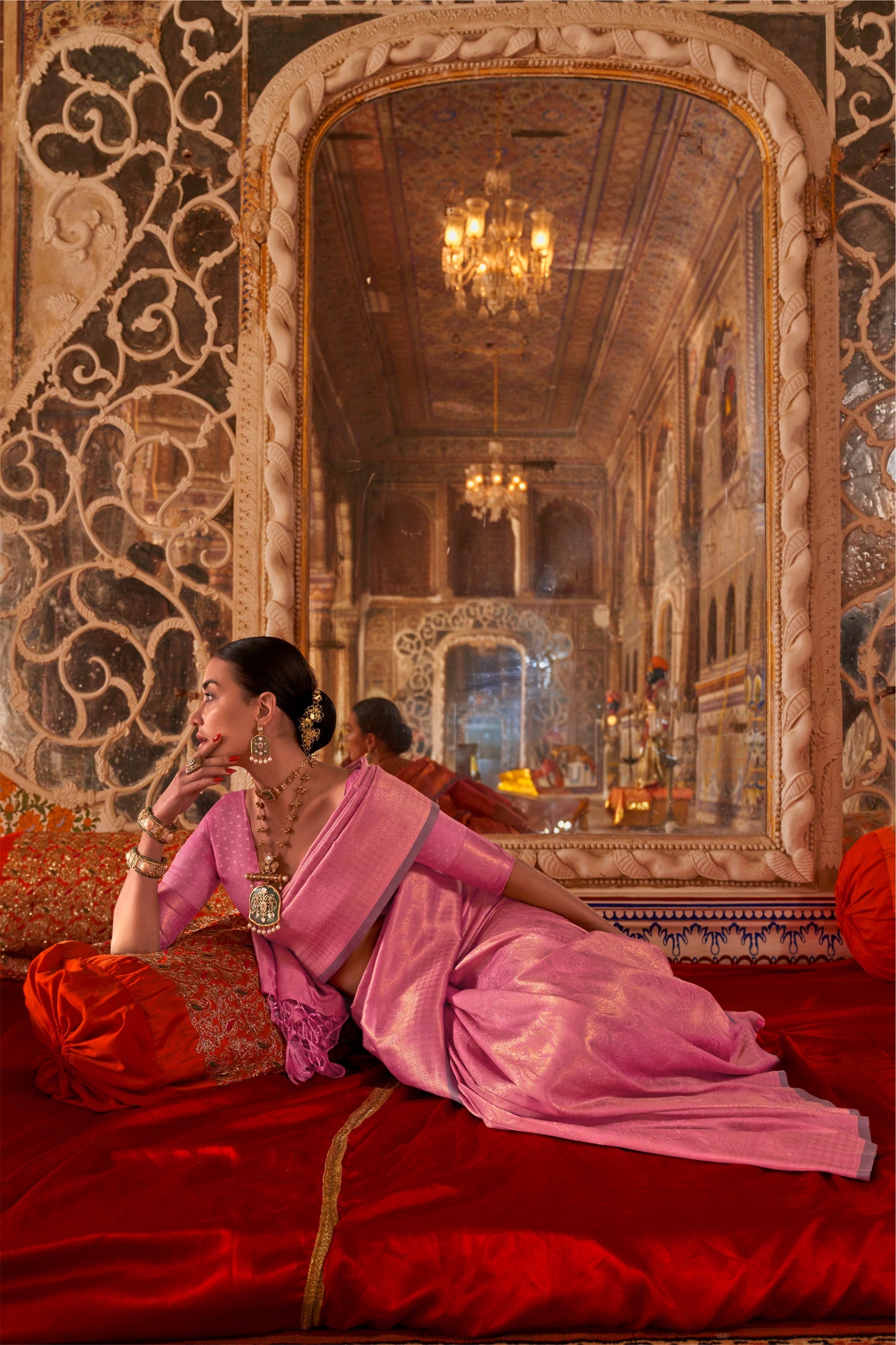 Pink Kanjivaram Silk Saree with Gold Zari Weaving