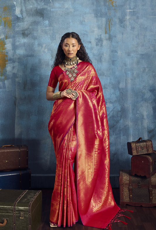 Pink Kanjivaram Silk Saree for Women with Rich Zari Weaving