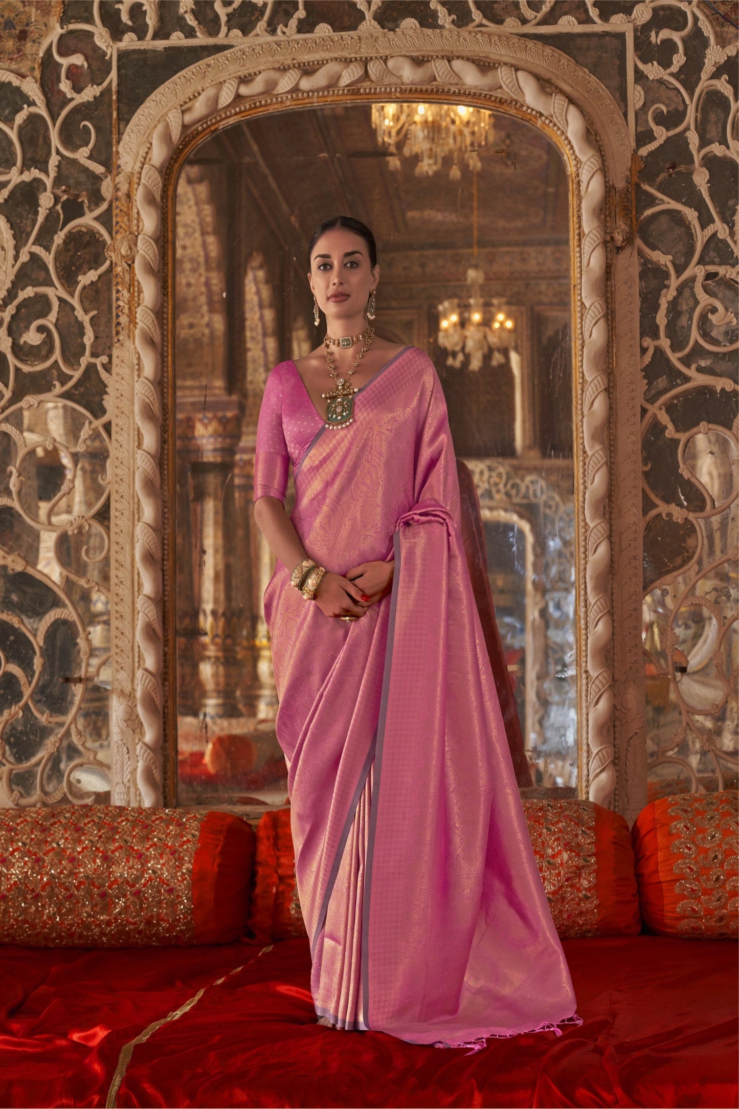 Pink Kanjivaram Silk Saree with Gold Zari Weaving