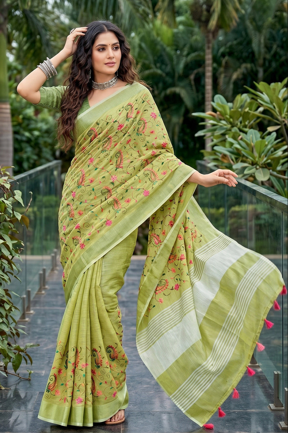 Pista Green Linen Cotton Saree with Floral Embroidery Work