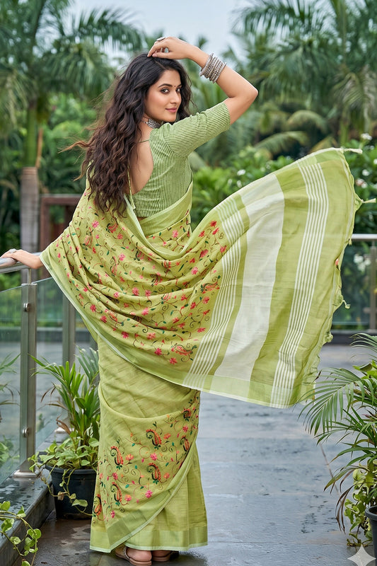 Pista Green Linen Cotton Saree with Floral Embroidery Work
