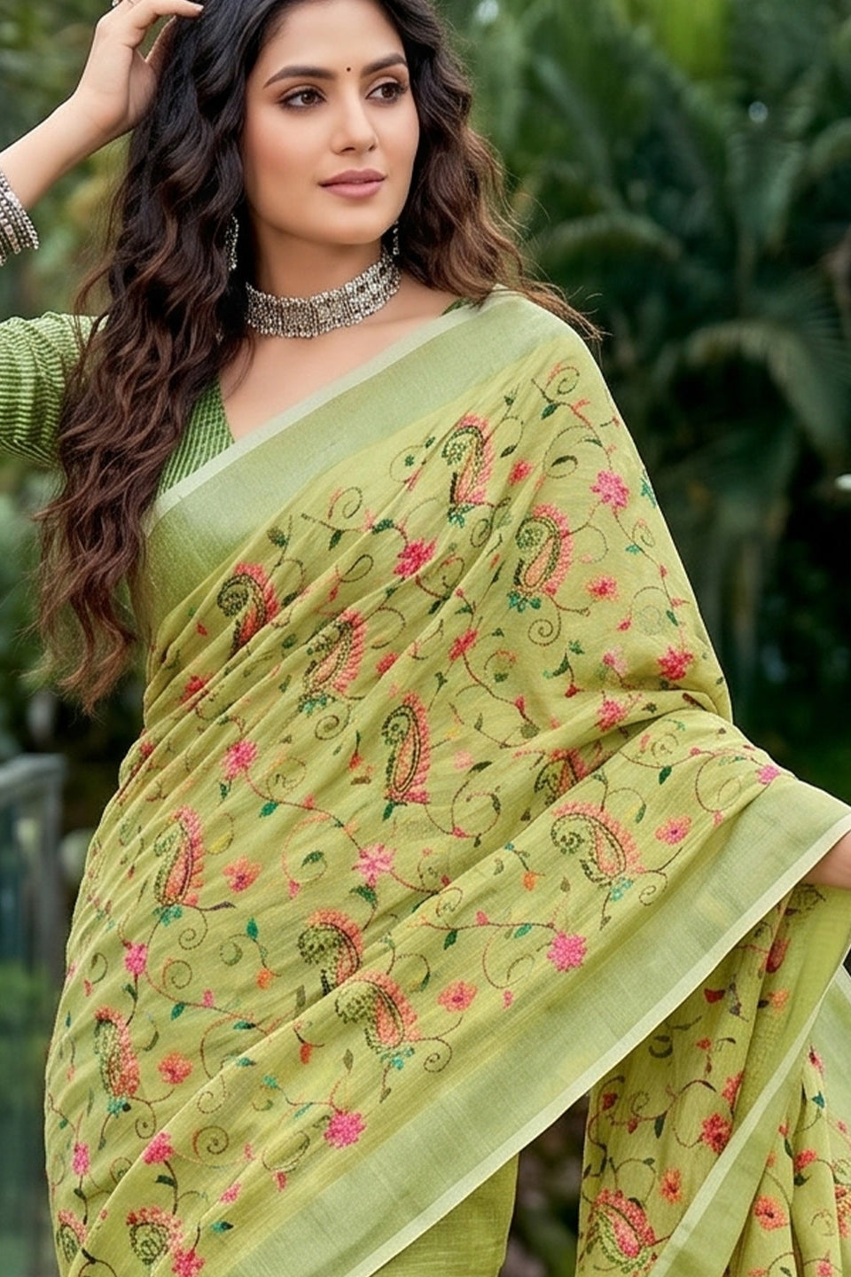 Pista Green Linen Cotton Saree with Floral Embroidery Work