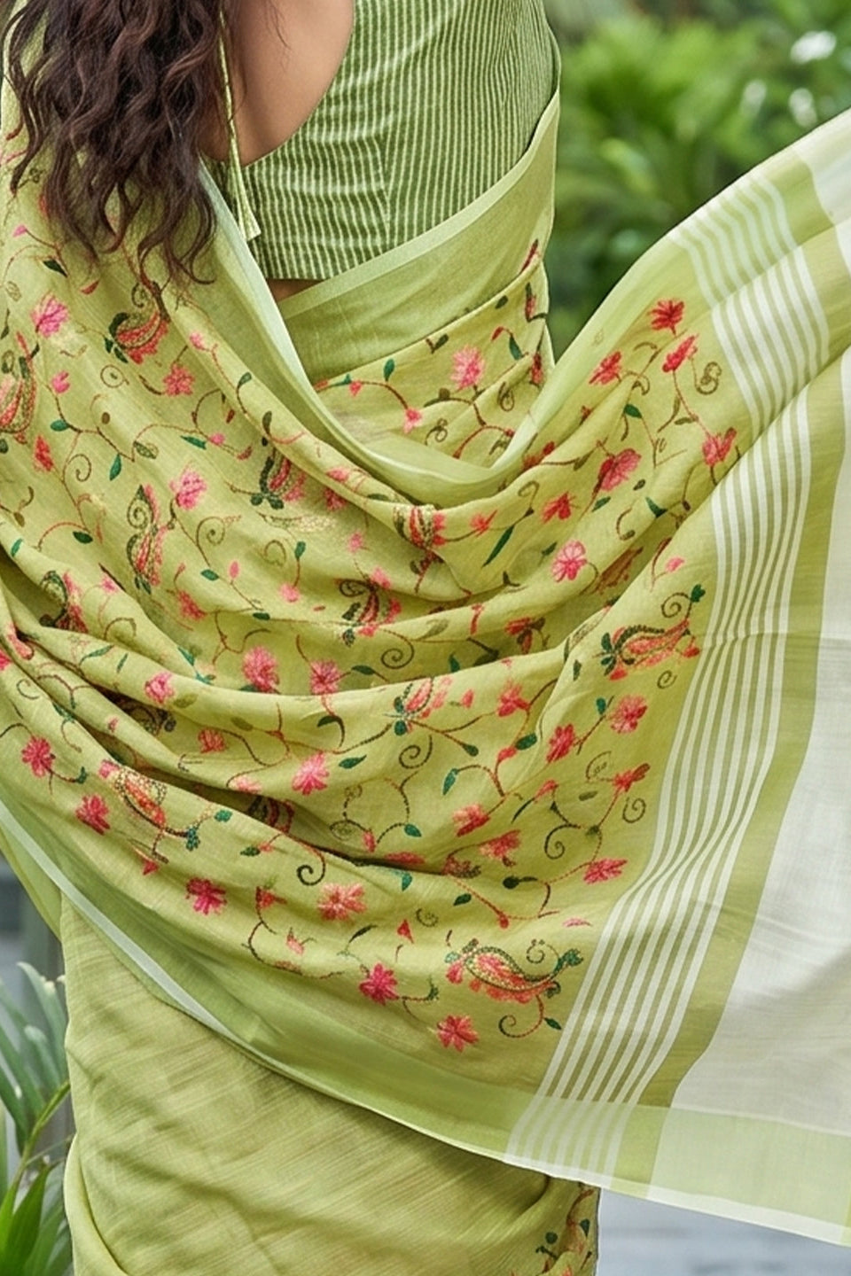 Pista Green Linen Cotton Saree with Floral Embroidery Work