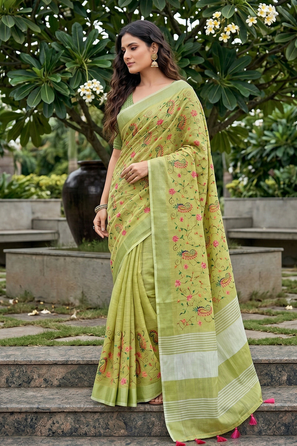 Pista Green Linen Cotton Saree with Floral Embroidery Work