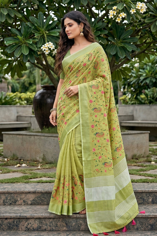 Pista Green Linen Cotton Saree with Floral Embroidery Work