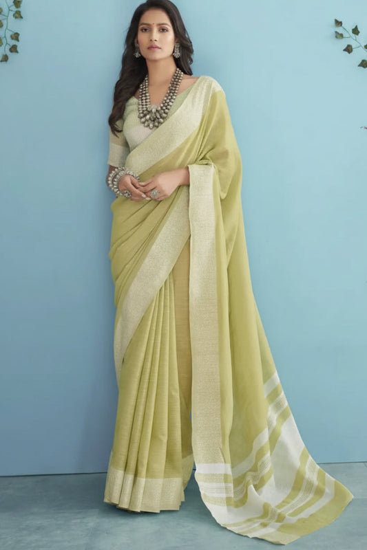 Pista Green Soft Linen Silk Saree with Chikankari Border