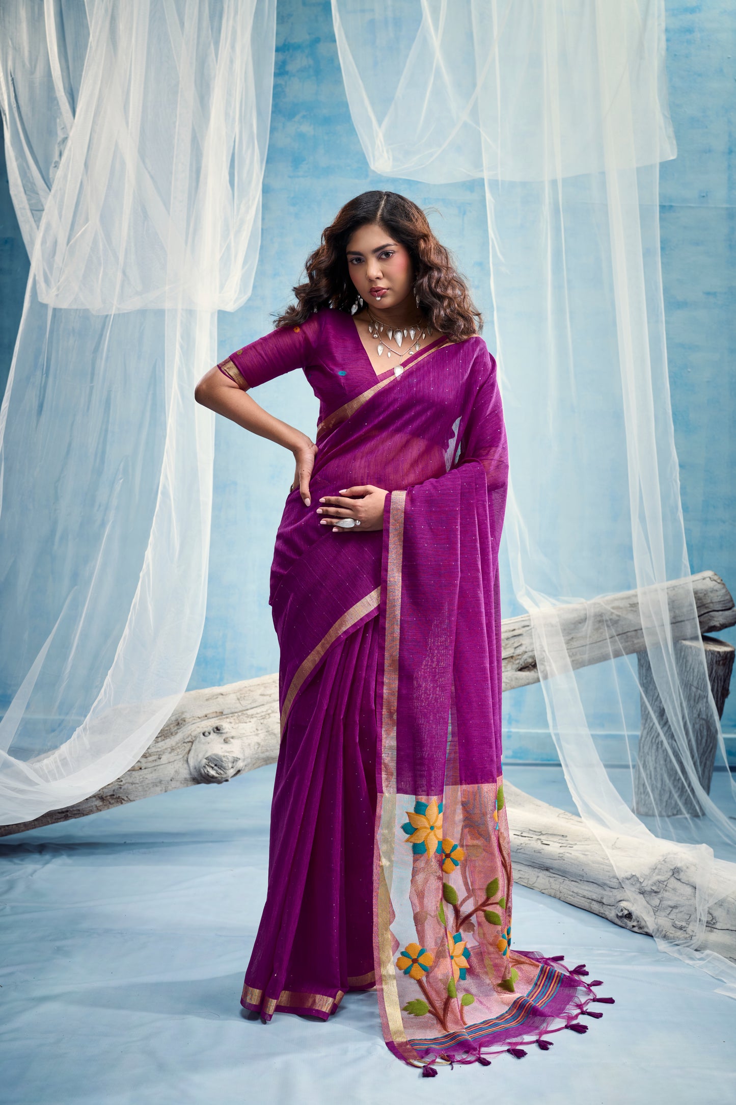 Plum Purple Linen Organza Saree with Floral Organza Pallu & Zari Border