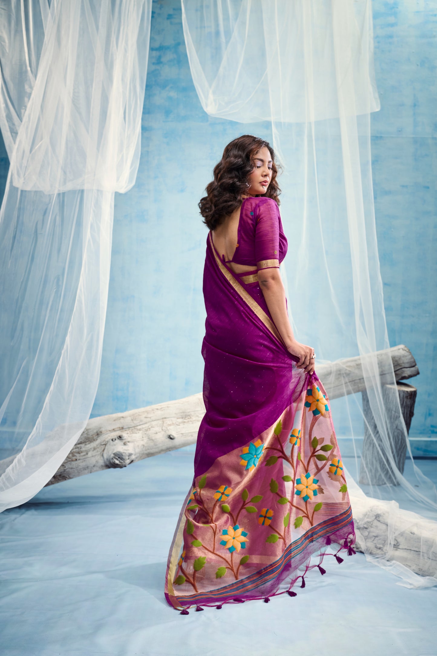Plum Purple Linen Organza Saree with Floral Organza Pallu & Zari Border