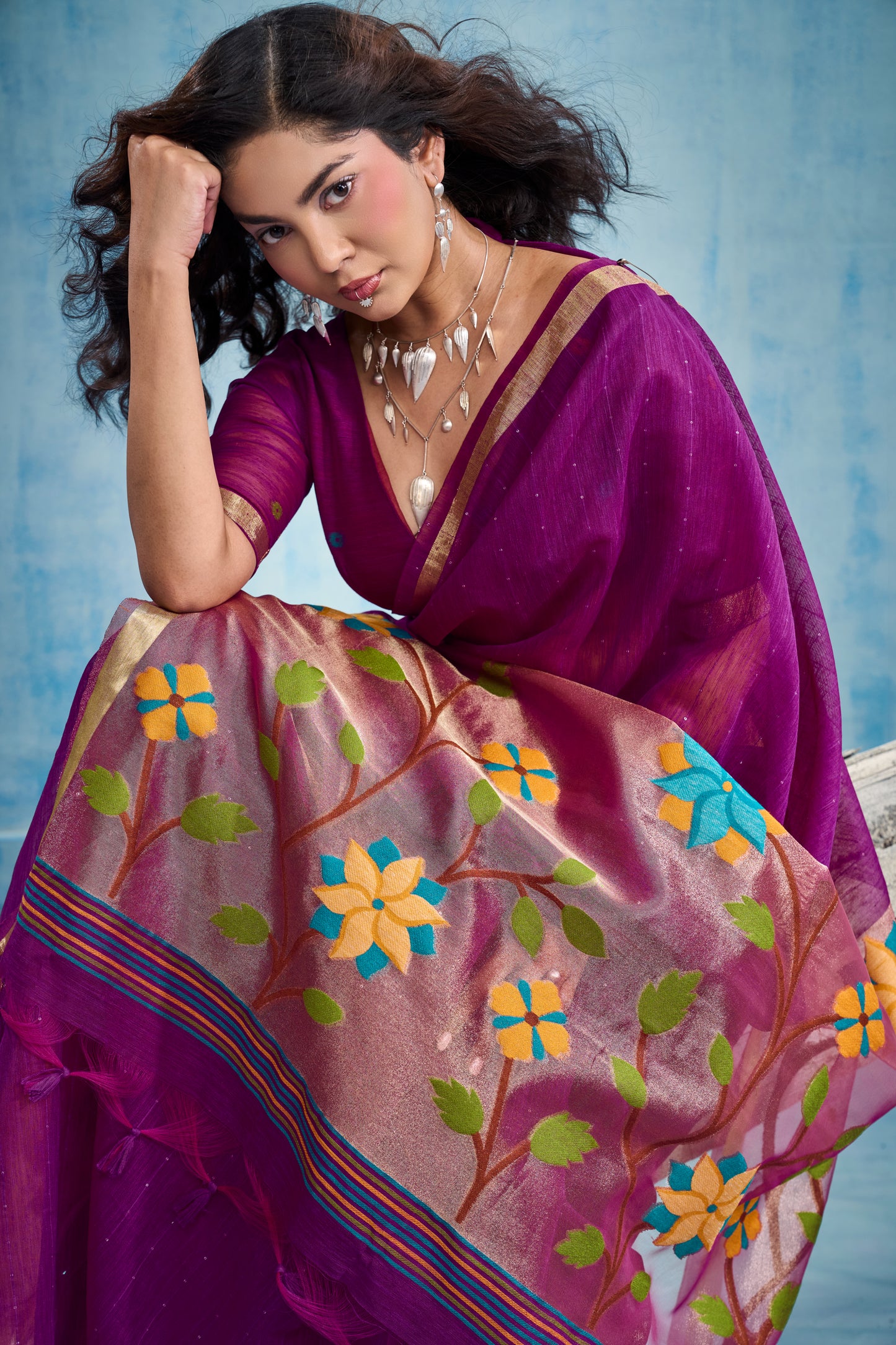 Plum Purple Linen Organza Saree with Floral Organza Pallu & Zari Border