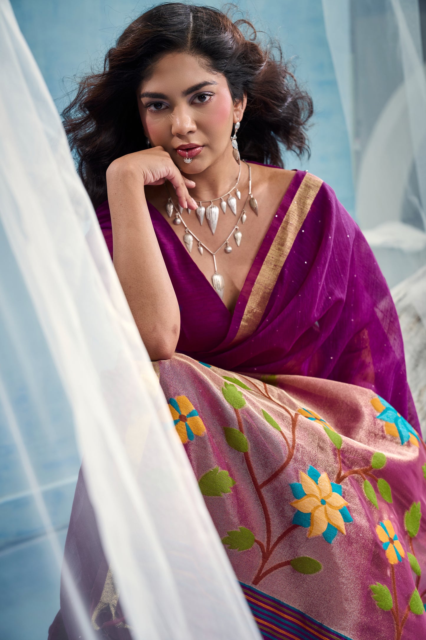 Plum Purple Linen Organza Saree with Floral Organza Pallu & Zari Border