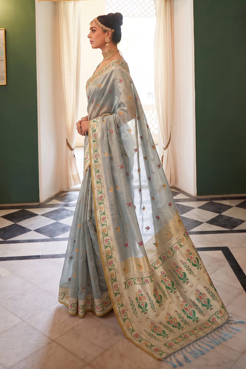 Powder Blue Chanderi Organza Saree with Minakari Zari Border