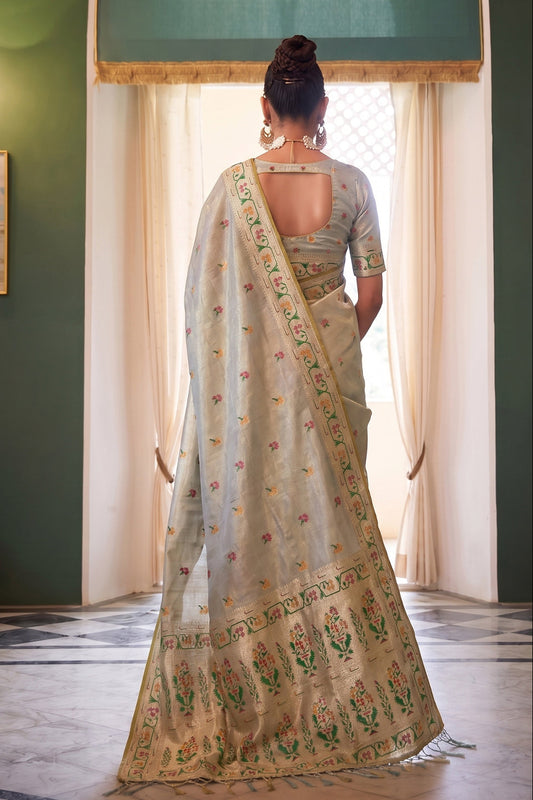 Powder Blue Chanderi Organza Saree with Minakari Zari Border
