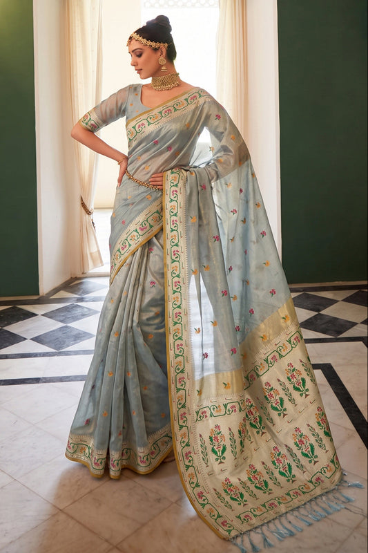 Powder Blue Chanderi Organza Saree with Minakari Zari Border