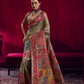 Premium Olive Green Kanjivaram Silk Saree with Rich Multicolor Floral Zari Border