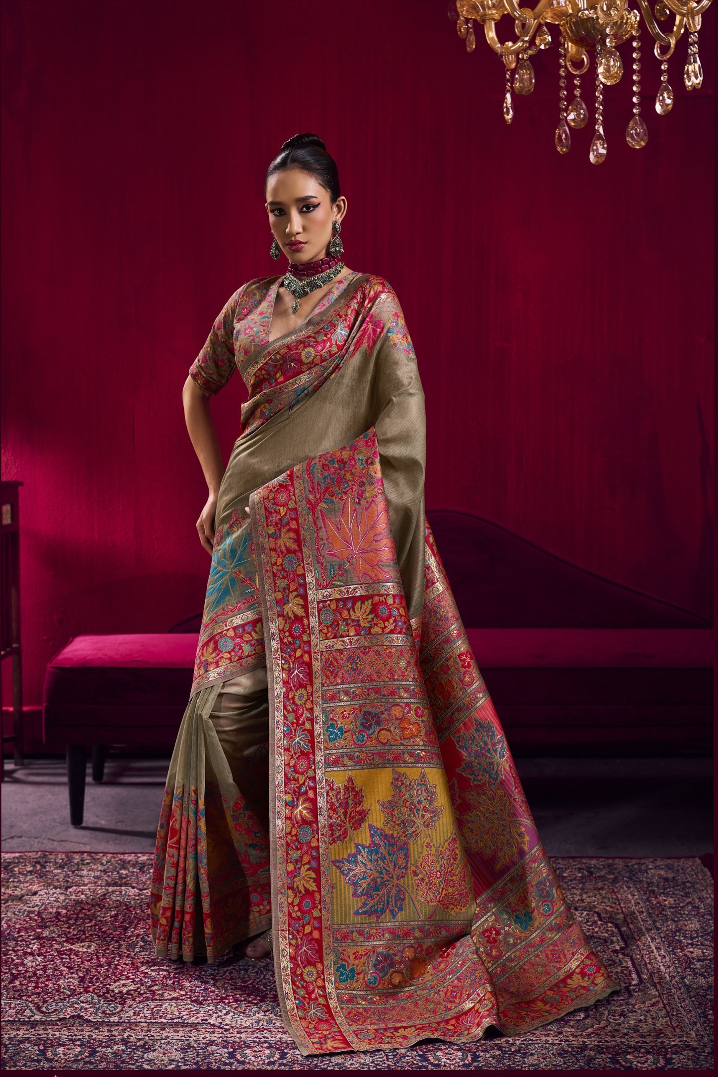 Premium Olive Green Kanjivaram Silk Saree with Rich Multicolor Floral Zari Border
