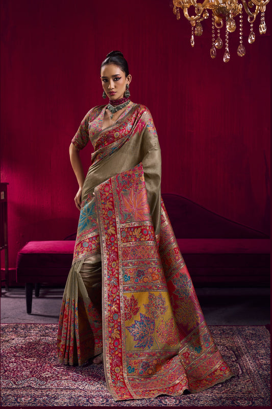 Premium Olive Green Kanjivaram Silk Saree with Rich Multicolor Floral Zari Border