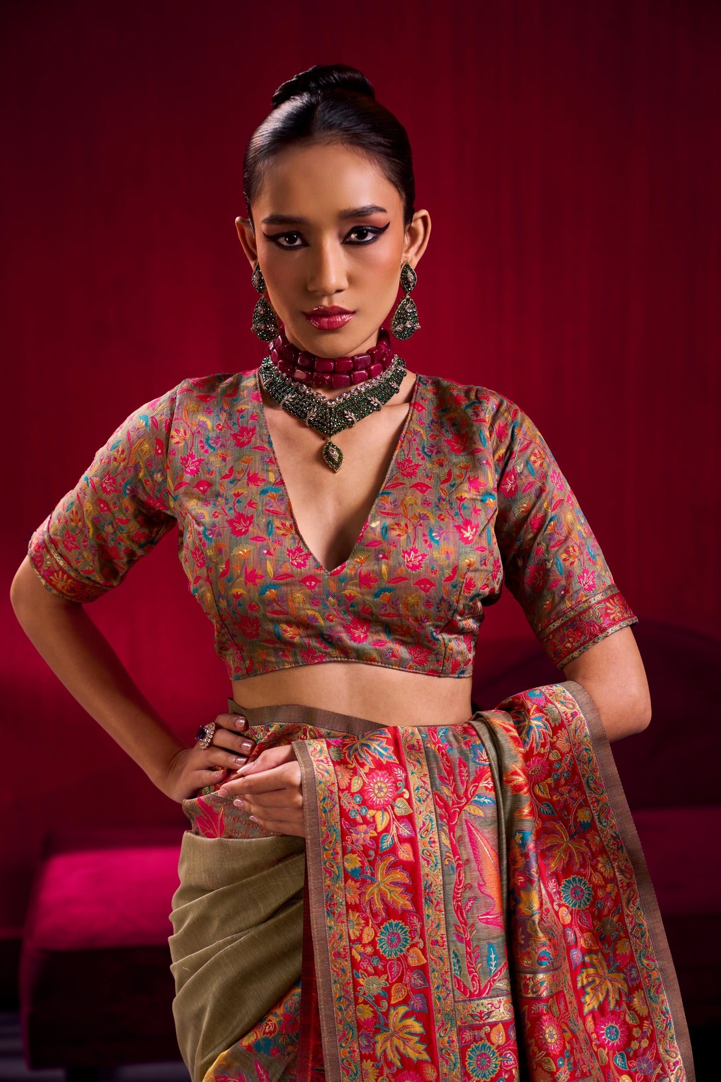 Premium Olive Green Kanjivaram Silk Saree with Rich Multicolor Floral Zari Border