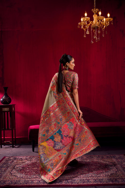 Premium Olive Green Kanjivaram Silk Saree with Rich Multicolor Floral Zari Border
