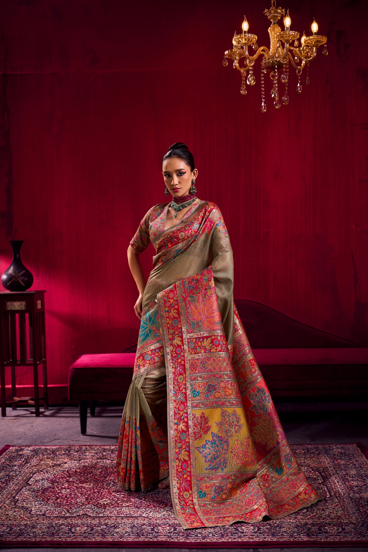 Premium Olive Green Kanjivaram Silk Saree with Rich Multicolor Floral Zari Border