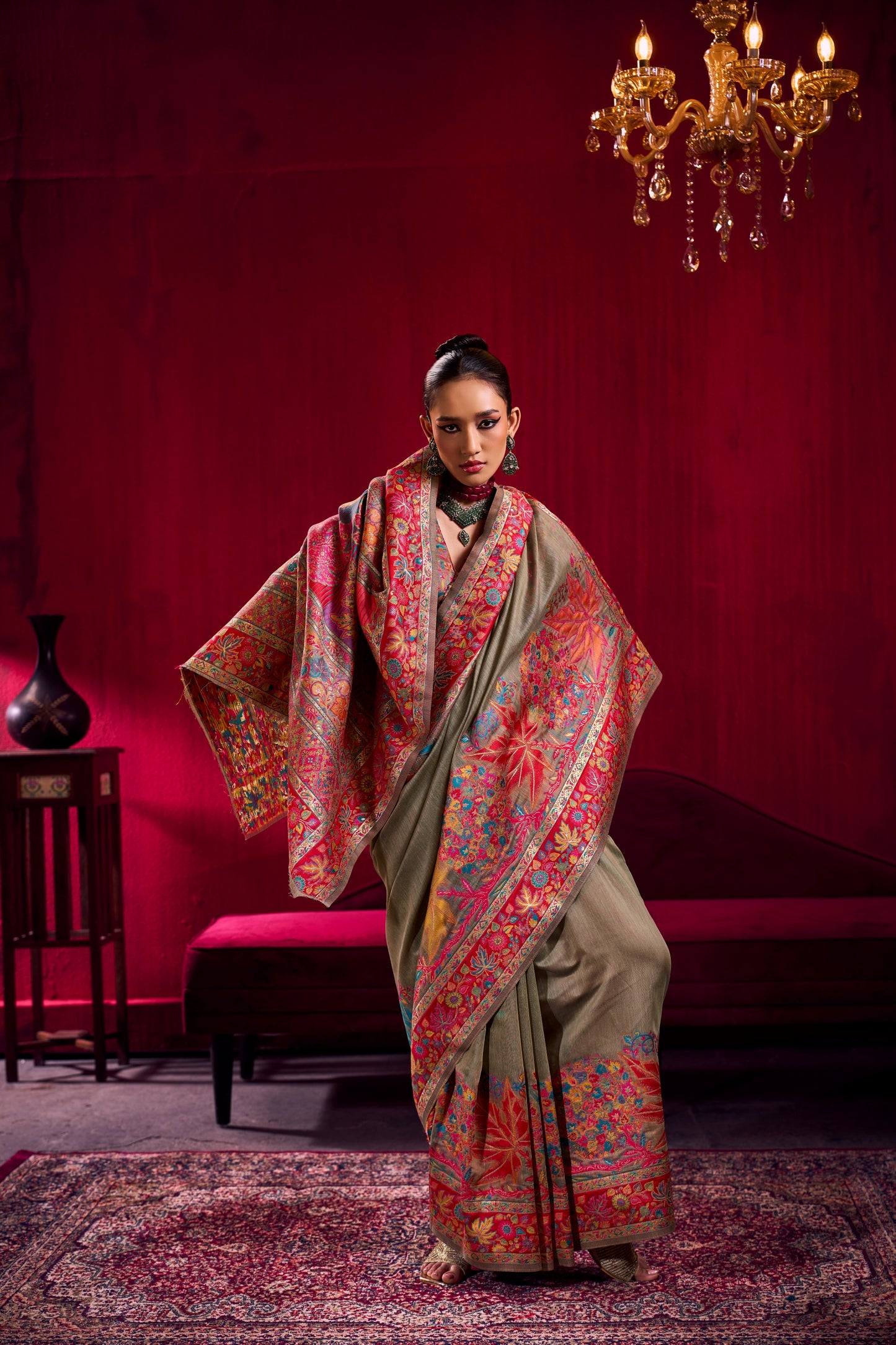 Premium Olive Green Kanjivaram Silk Saree with Rich Multicolor Floral Zari Border