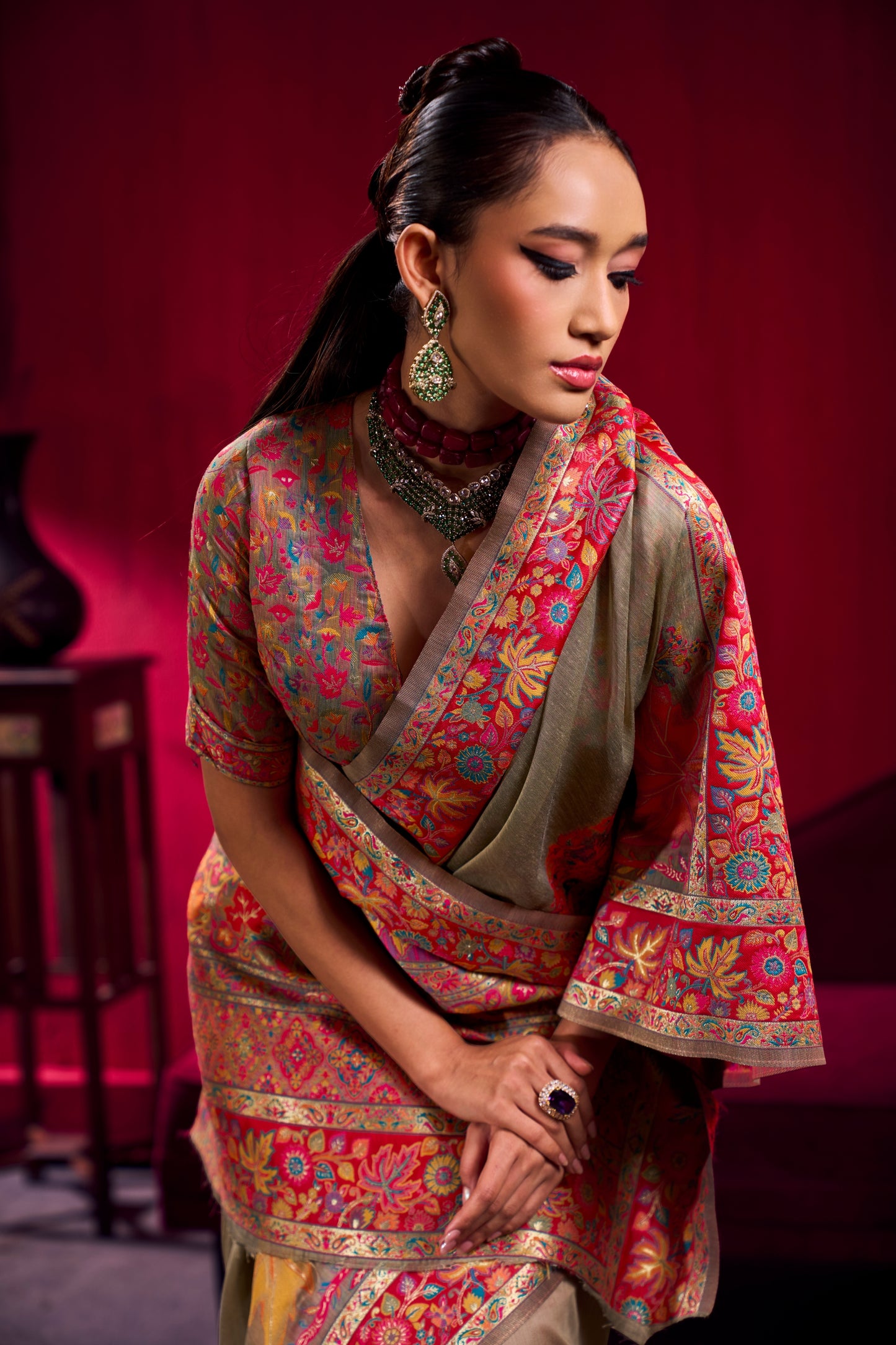 Premium Olive Green Kanjivaram Silk Saree with Rich Multicolor Floral Zari Border