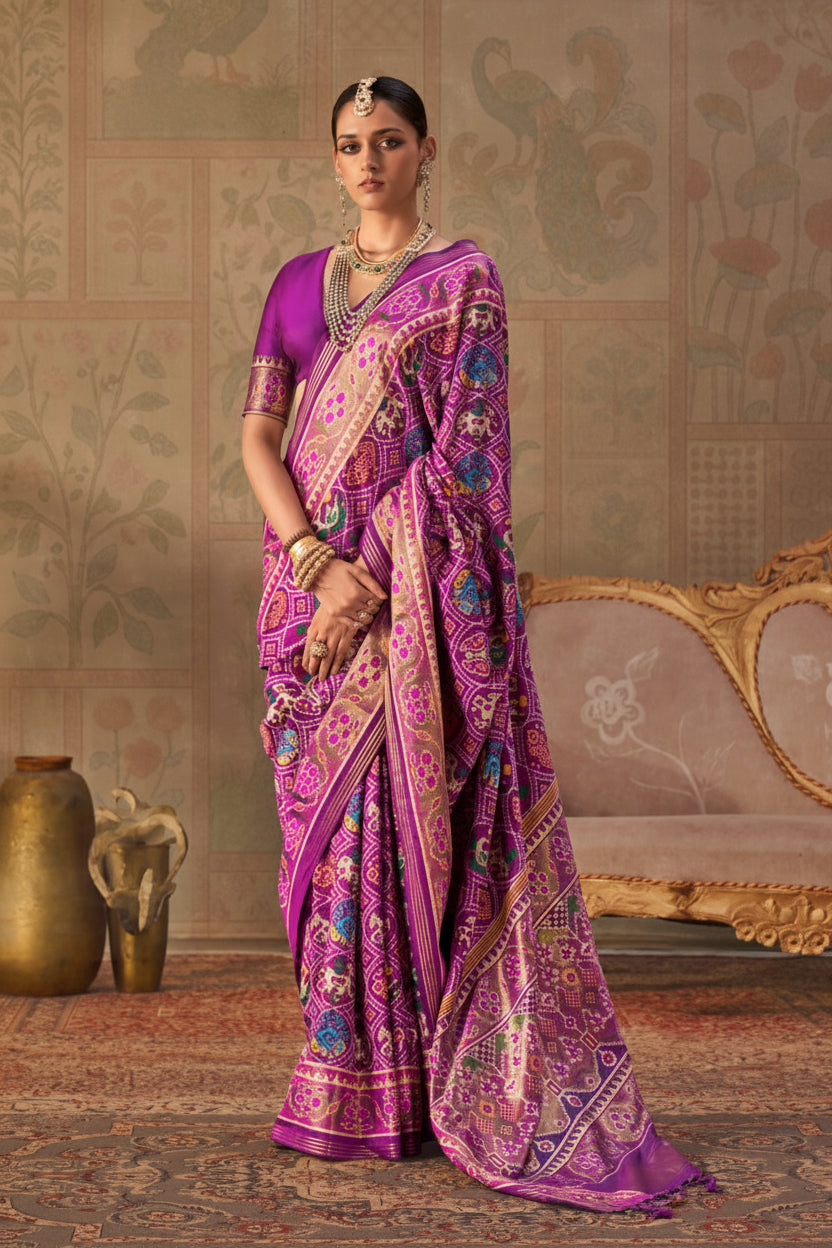 Purple Banarasi Silk Patola Saree with Rich Weave & Heritage Motifs