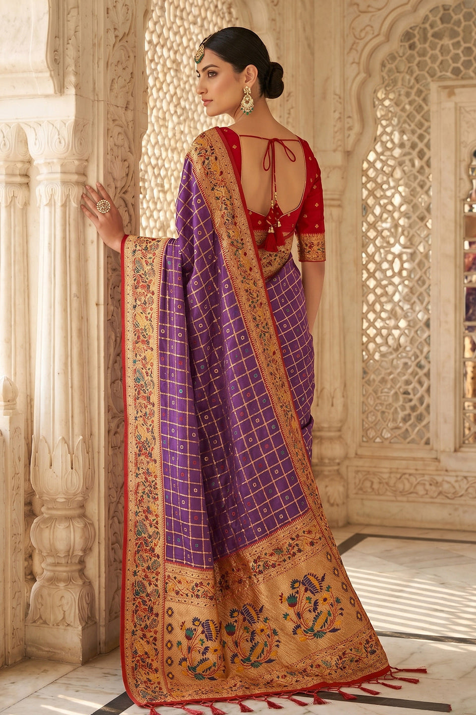 Purple Banarasi Silk Saree with Meenakari Paithani Pallu and Red Blouse