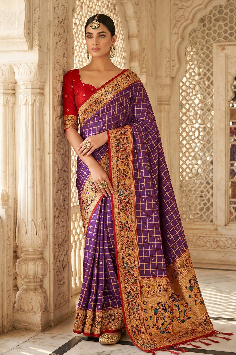 Purple Banarasi Silk Saree with Meenakari Paithani Pallu and Red Blouse