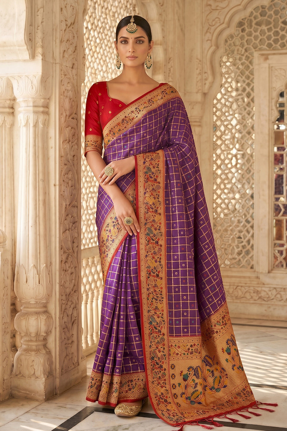 Purple Banarasi Silk Saree with Meenakari Paithani Pallu and Red Blouse